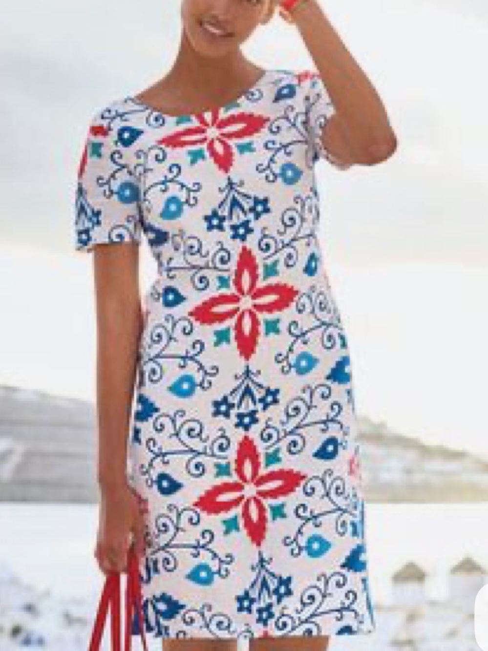 Boden Floral Print Linen Midi Dress in White, Blue & Red